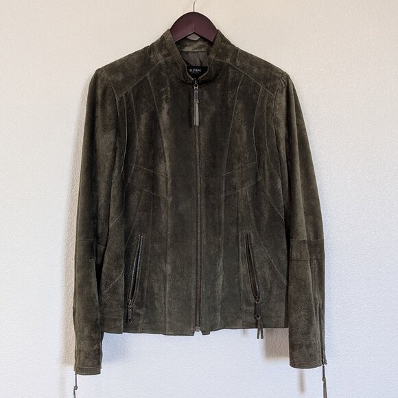 Alfani Leather Suede Short Boho Biker Standup Neck Jacket Dark Olive Green - Picture 2 of 14